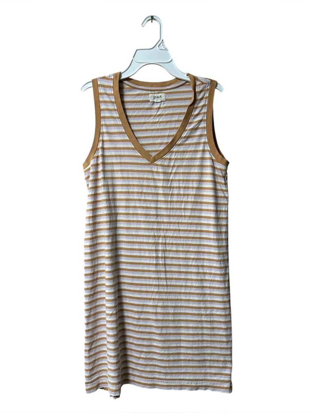PACT Women M Soho Tank Dress A Line Tan/Purple Stripe Organic Cotton Casual